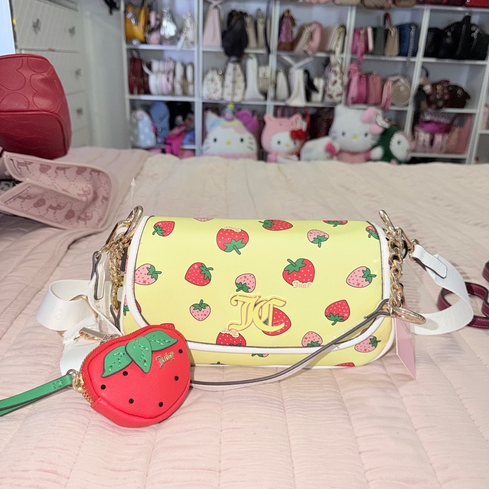 Juicy Couture- Strawberry Print Yellow Crossbody Bag with Gold Logo